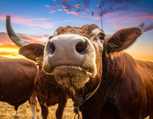 Curious cow at sunset