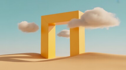 “Minimalist 3D rendering of a massive yellow geometric portal with rectangular pillars and beam in desert