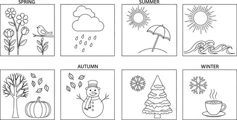 A black and white illustration depicting the four seasons with associated symbols and labels