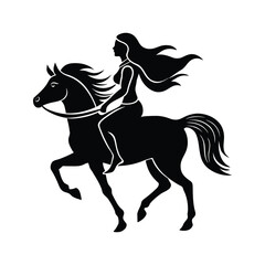 Black white silhouette woman riding galloping horse