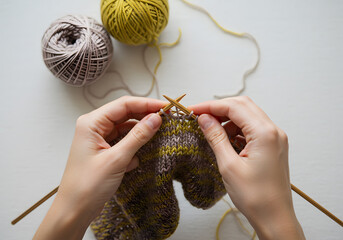 Hands knitting with colorful yarn