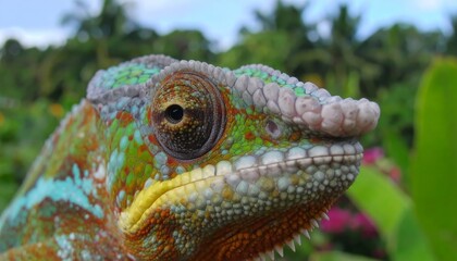 Fototapeta premium Close up colorful chameleon. Tropical wildlife animal. Color changing
