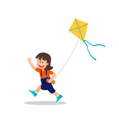 A little girl running while flying a kite