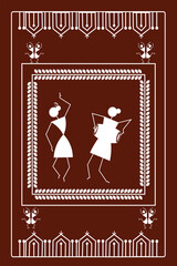 Beautiful Indian traditional and Cultural dancing warli art isolated on dark brown background - vector illustration
