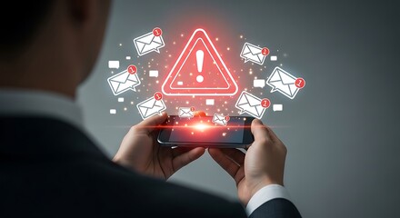 Person holding phone with email alerts and warning sign