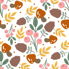Fall Autumn Background Seamless Pattern with Cute Leaves Pumpkins and Harvest Elements for Seasonal Digital Paper and Textile Design
