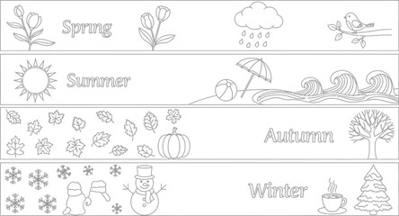 Four seasons illustration with spring summer autumn and winter in black and white line art style