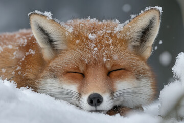 Obraz premium Red fox resting in snow with eyes closed
