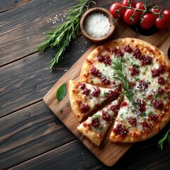 Pepperoni Pizza on Rustic Wood Table with Fresh Rosemary Tomatoes and Parmesan Cheese