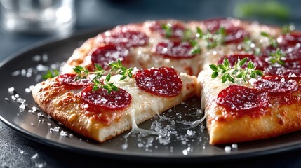 Pepperoni Pizza Slice on Dark Plate with Sprinkled Salt and Thyme Garnish in Cinematic Lighting High Dynamic Range Food Photography