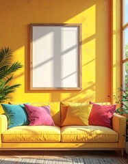 Bright yellow living room interior mockup with wooden framed blank art, colorful pillows on yellow sofa, sunlight, and plants