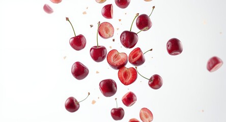Falling Cherries Red Fruit, Food Photography, Halved Berries, Studio Shot