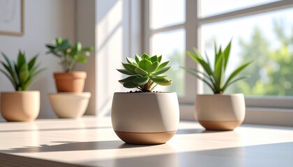 Fototapeta premium Variety of potted succulents and plants in a bright interior setting with natural light from a window