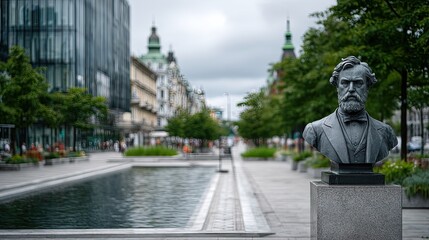 Fototapeta premium City Square Statue in Cinematic HDR With Trees and Buildings