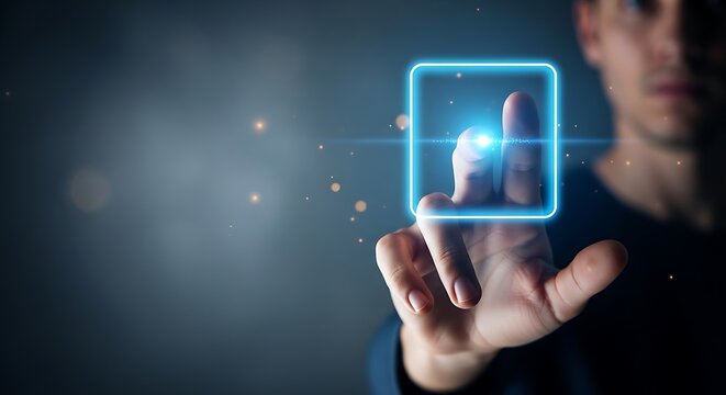 Man touching glowing blue square interface hand finger