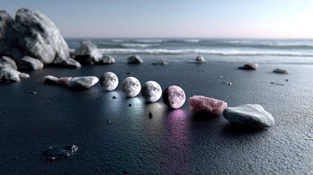 Phases of the Moon Represented by Stones on a Wet Sandy Beach During Daytime Under a Clear Sky