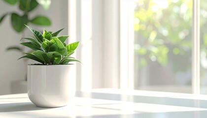Fototapeta premium Green Plant in White Pot by Sunny Window A Fresh, Minimalist Home Decor Accent