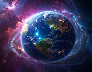 Earth in a vibrant cosmic nebula