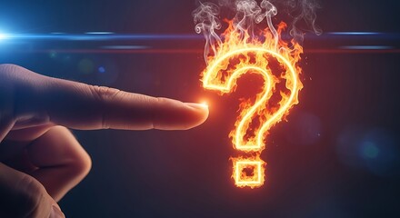 Fiery question mark touched by finger fire flames