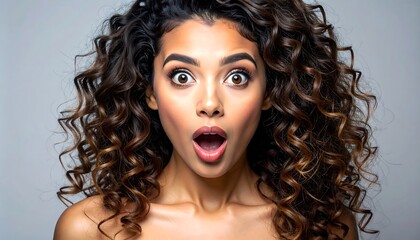 Close-up portrait of a woman with curly hair, surprised expression