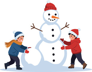 Cheerful Flat Style Illustration of Children Building a Snowman Together