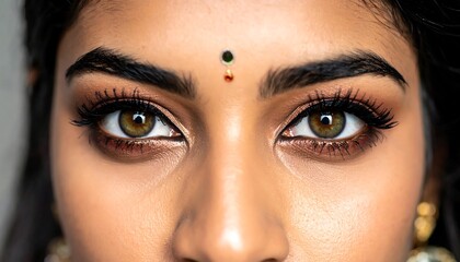 Close-up portrait of a woman with elaborate eye makeup and bindi