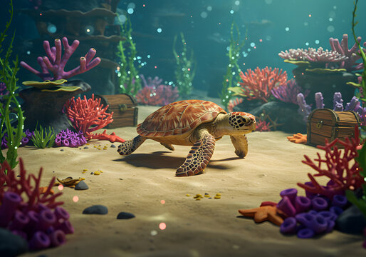 Sea turtle in imaginative underwater scene