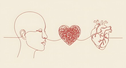 Continuous line drawing connecting a human face, a tangled heart, and an anatomical heart. Abstract concept of the complex relationship between thoughts, emotions, and physical feelings.
