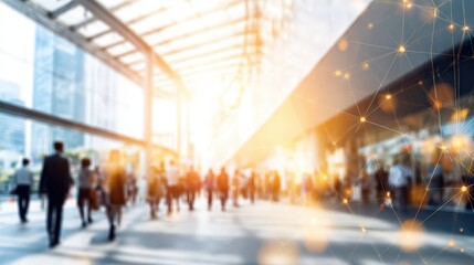 Crowded walkway blurred with people commuting, enhanced by a vibrant network connection and brilliant sunlight inside a contemporary setting.