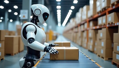 Fototapeta premium Warehouse humanoid robot working sorting packages on a conveyor belt using barcode scanners in a large distribution center, created with generative ai
