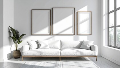 White living room mockup with three blank picture frames above a white sofa and a potted plant near a window