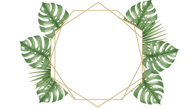 Geometric gold frame adorned with vibrant tropical leaves.