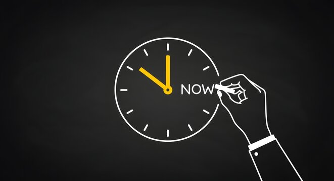 A hand drawing a clock with chalk on a blackboard, with the word 'NOW' replacing the number three. A powerful concept for urgency, action, and seizing the moment.