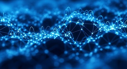 A vibrant, deep blue network design showcases interconnected data points and flowing lines, creating a dynamic and complex visual representation.