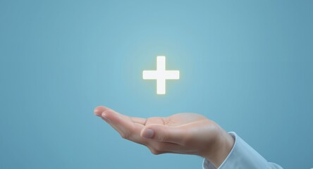 Obraz premium Glowing Plus Sign Held in an Open Hand, Healthcare, Medical, Positive, Technology Concept
