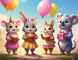 Cute animals celebrating a birthday