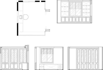 Drawings, a built-in office, a bookshelf and a desk, consisting of furniture, layout plans and designs.