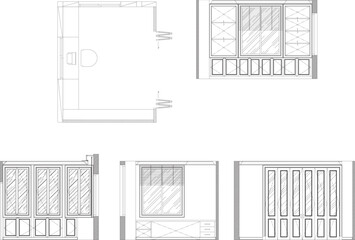 Drawings, a built-in office, a bookshelf and a desk, consisting of furniture, layout plans and designs.