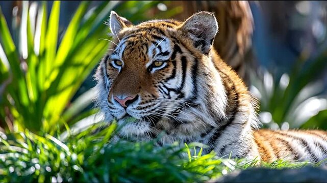 A majestic tiger rests amidst lush greenery, showcasing its striking patterns and serene presence.