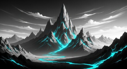 Electric Peaks: A monochrome mountain range illuminated by vibrant blue energy streams
