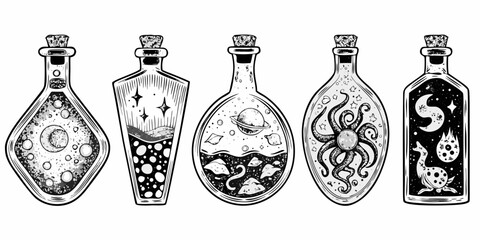 Collection of five whimsical black and white potion bottles filled with cosmic and mythical elements