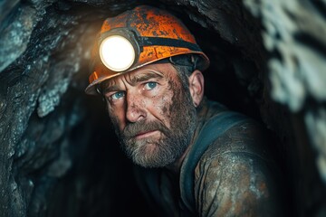 Fototapeta premium Determined caucasian male miner in his 50s emerging from dark tunnel with headlamp and dusty face, capturing spirit of hard work and resilience