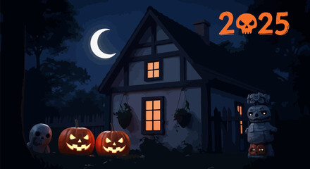halloween 2025 background with haunted house and spooky