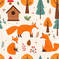 Cute autumnal forest pattern with foxes