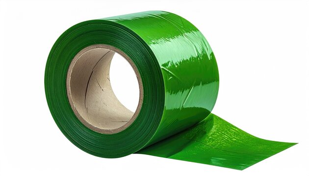 Green plastic strapping roll on white background