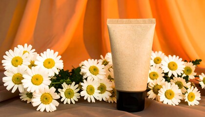 Beige tube cream amidst daisies