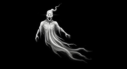 A horrifying spectral wraith with a single glowing eye, screaming in the darkness against a black background.