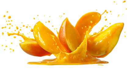 Juicy mango pieces with a splash of juice isolated on transparent background.