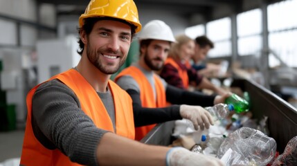 Recycling action by workers waste management facility community service indoor close-up environmental awareness