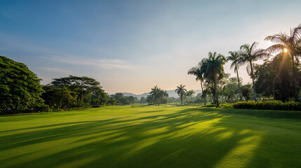 Obraz premium Serene sun-lit golf course: manicured emerald turf brushed by diagonal golden rays, framed by swaying palms and distant soft hills under an unclouded sapphire sky